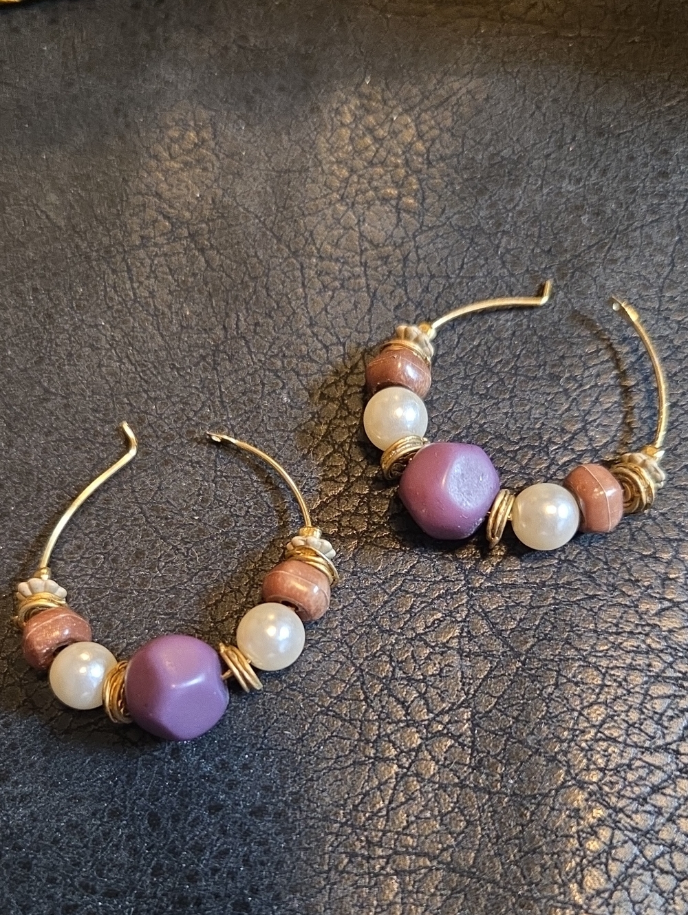 Vintage Purple Bead Hoop Earrings with Pearl Accents